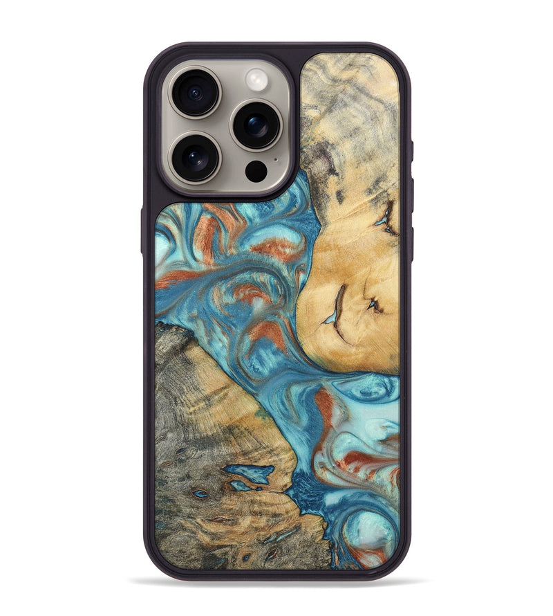 iPhone 15 Pro Max Wood+Resin Phone Case - Celia (Teal & Gold, 696384)