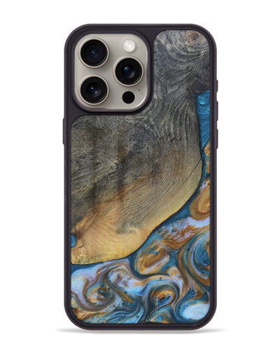 iPhone 15 Pro Max Wood+Resin Phone Case - Yvette (Teal & Gold, 696764)