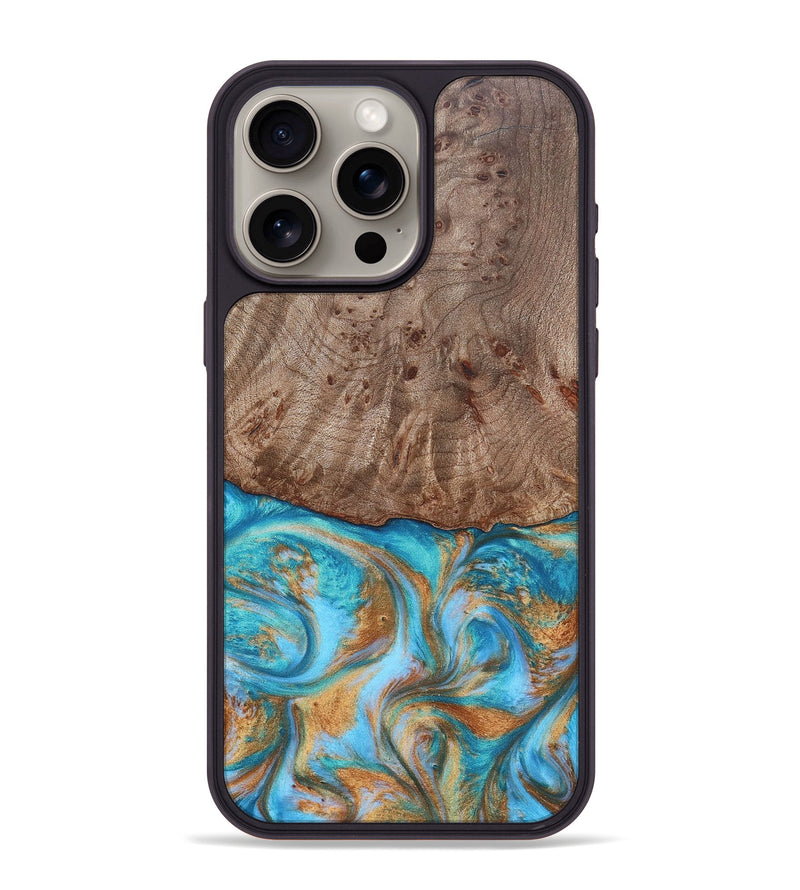 iPhone 15 Pro Max Wood+Resin Phone Case - Saylor (Teal & Gold, 696972)