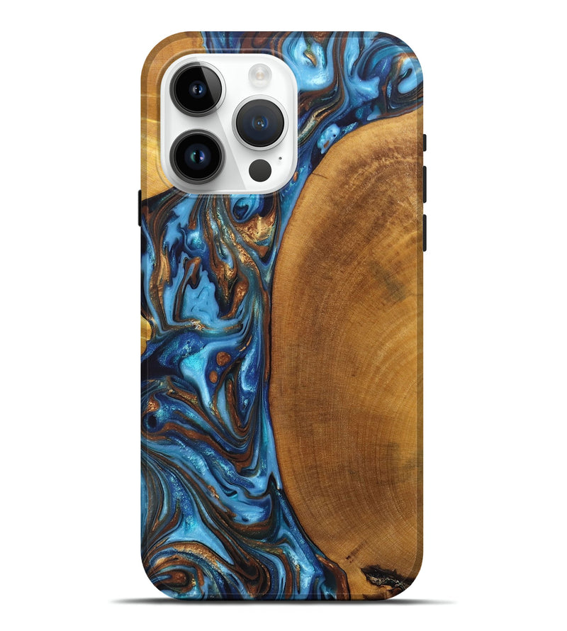 iPhone 15 Pro Max Wood+Resin Live Edge Phone Case - Gianni (Teal & Gold, 697333)