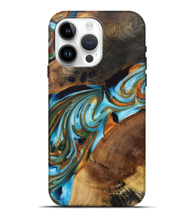 iPhone 15 Pro Max Wood+Resin Live Edge Phone Case - Leroy (Teal & Gold, 697335)