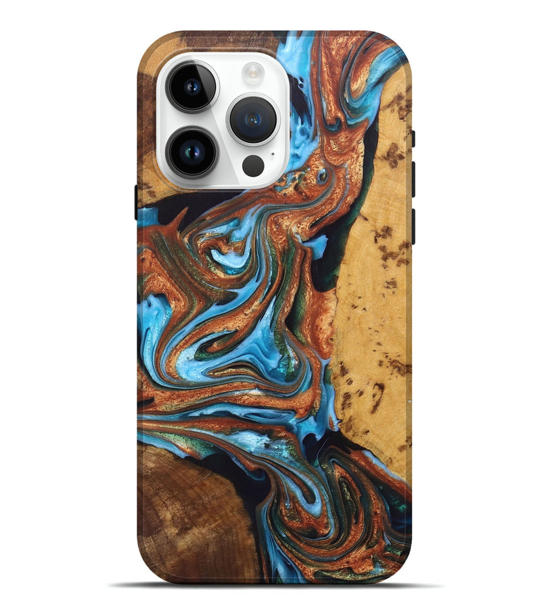 iPhone 15 Pro Max Wood+Resin Live Edge Phone Case - Issac (Teal & Gold, 697927)