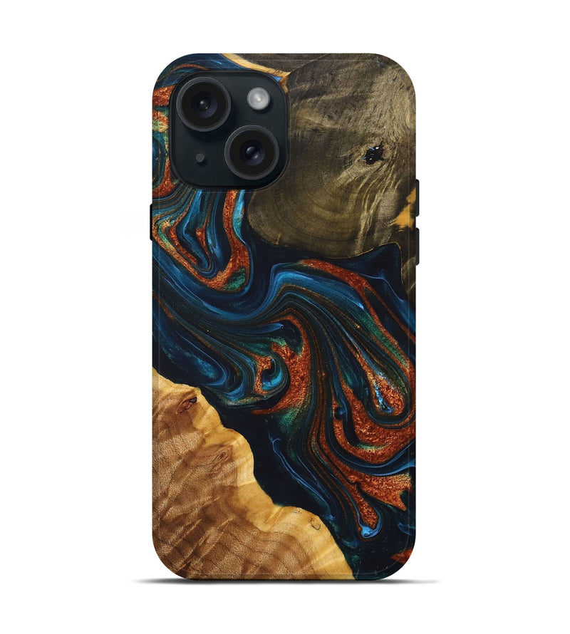 iPhone 15 Wood+Resin Live Edge Phone Case - Rebekah (Teal & Gold, 698382)