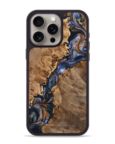 iPhone 15 Pro Max Wood+Resin Phone Case - Ian (Teal & Gold, 699076)