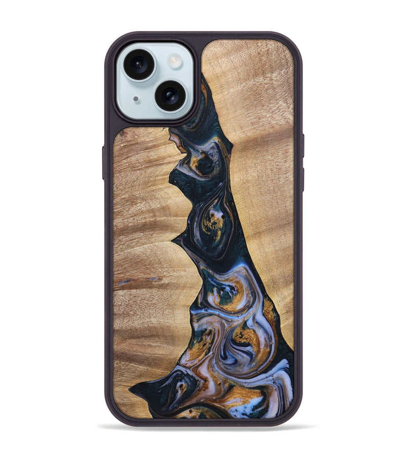 iPhone 15 Plus Wood+Resin Phone Case - Sheila (Teal & Gold, 700187)