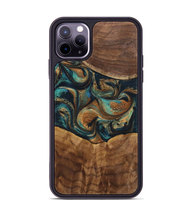 iPhone 11 Pro Max Wood+Resin Phone Case - Sandra (Teal & Gold, 700190)
