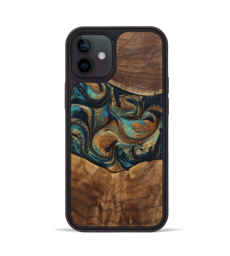 iPhone 12 Wood+Resin Phone Case - Sandra (Teal & Gold, 700190)
