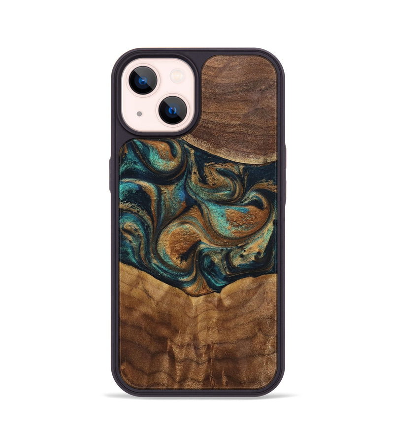 iPhone 14 Wood+Resin Phone Case - Sandra (Teal & Gold, 700190)