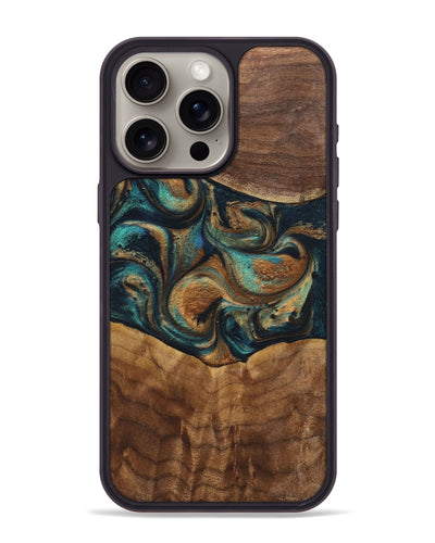 iPhone 15 Pro Max Wood+Resin Phone Case - Sandra (Teal & Gold, 700190)