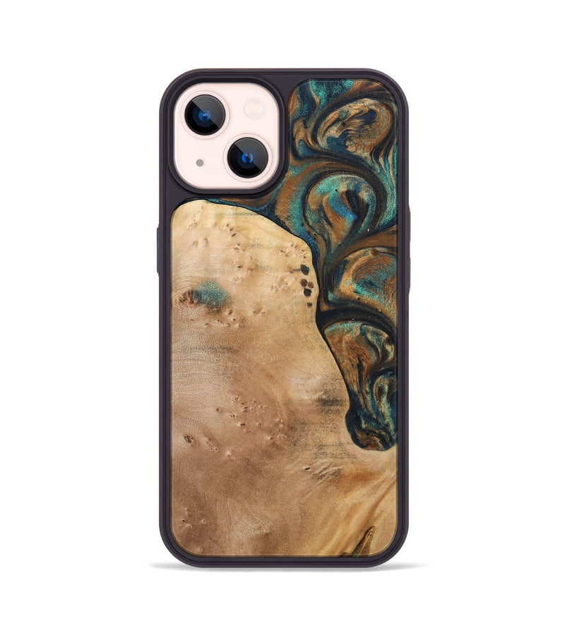 iPhone 14 Wood+Resin Phone Case - Theodore (Teal & Gold, 700196)