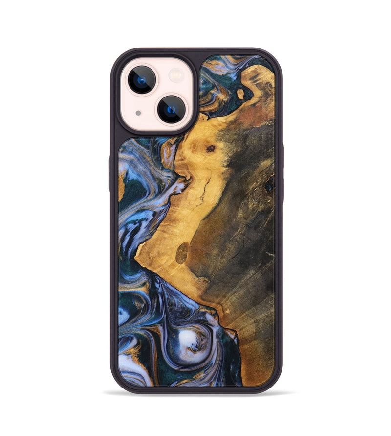 iPhone 14 Wood+Resin Phone Case - Dawson (Teal & Gold, 700197)