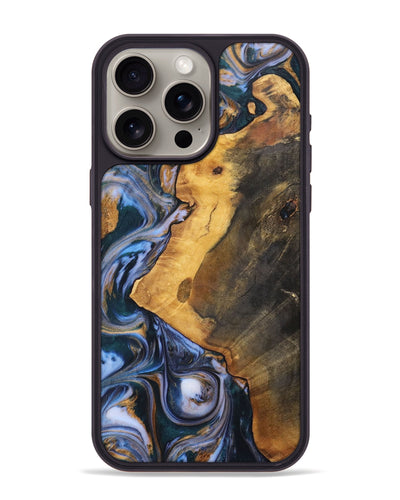 iPhone 15 Pro Max Wood+Resin Phone Case - Dawson (Teal & Gold, 700197)