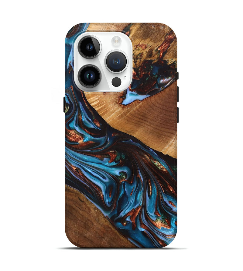 iPhone 15 Pro Wood+Resin Live Edge Phone Case - Eunice (Teal & Gold, 700225)