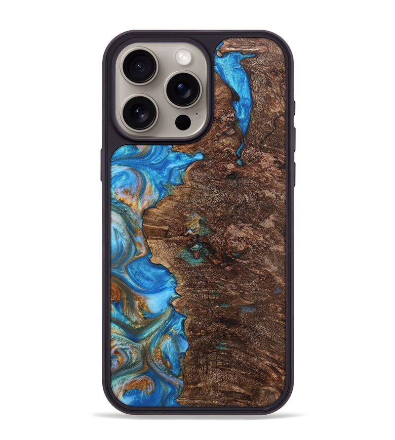 iPhone 15 Pro Max Wood+Resin Phone Case - Waylon (Teal & Gold, 700801)