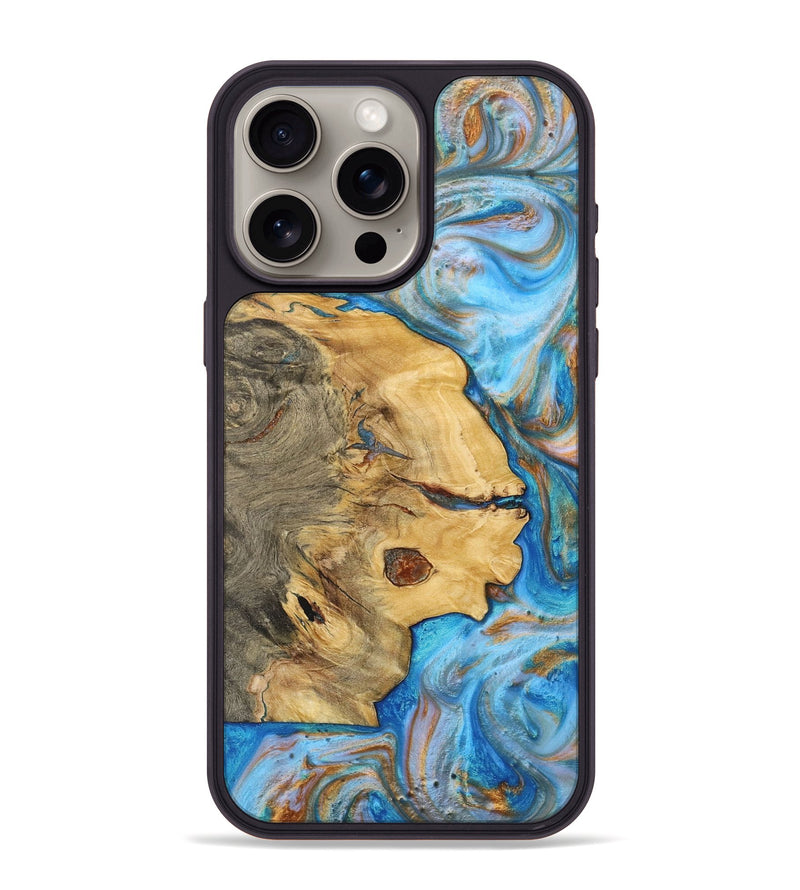 iPhone 15 Pro Max Wood+Resin Phone Case - Clyde (Teal & Gold, 700802)