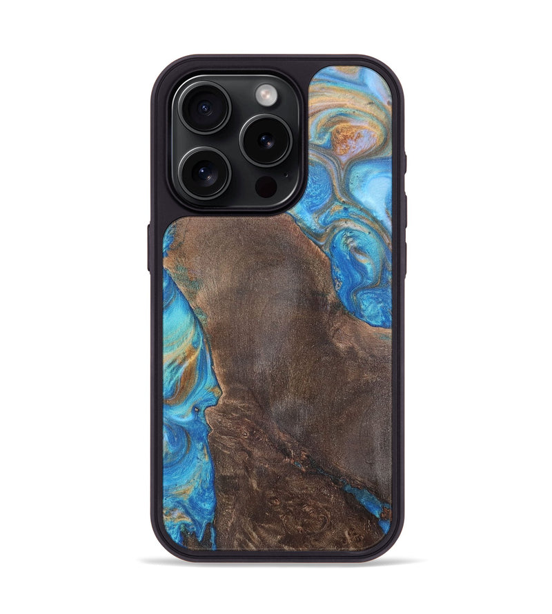 iPhone 15 Pro Wood+Resin Phone Case - Georgia (Teal & Gold, 700803)