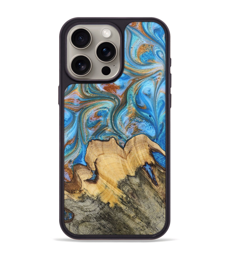 iPhone 15 Pro Max Wood+Resin Phone Case - Judy (Teal & Gold, 700804)