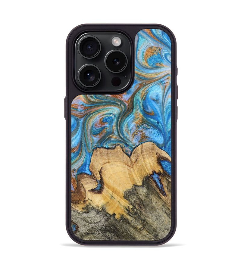 iPhone 15 Pro Wood+Resin Phone Case - Judy (Teal & Gold, 700804)