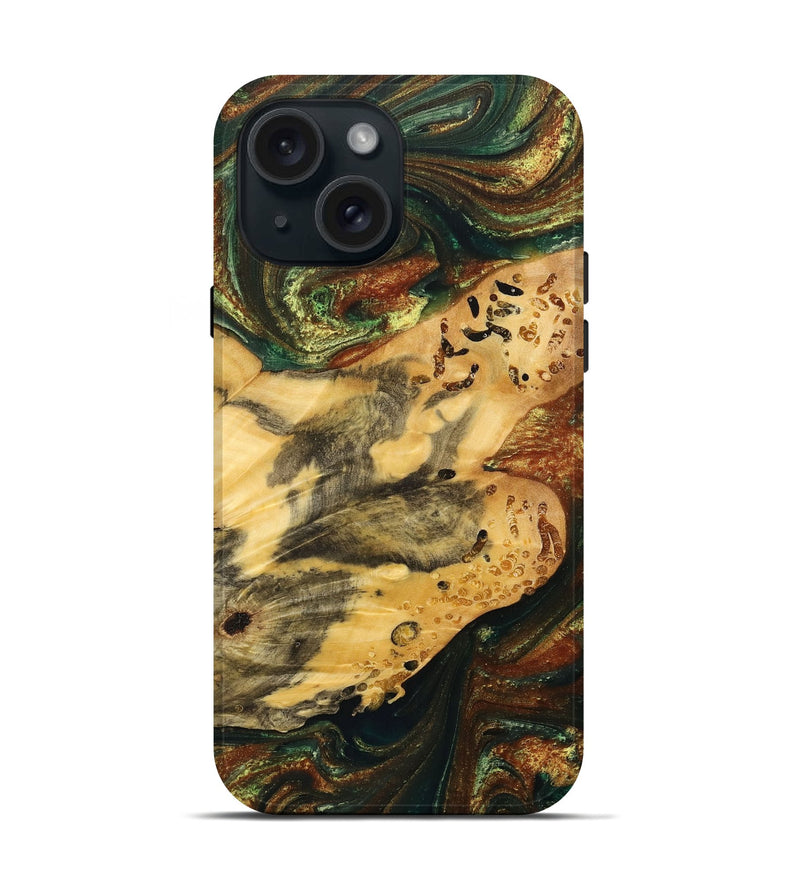 iPhone 15 Wood+Resin Live Edge Phone Case - Mario (Green, 700923)