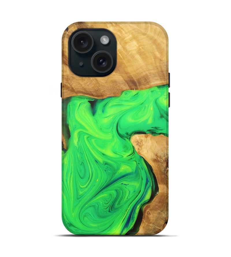 iPhone 15 Wood+Resin Live Edge Phone Case - Beth (Green, 701158)