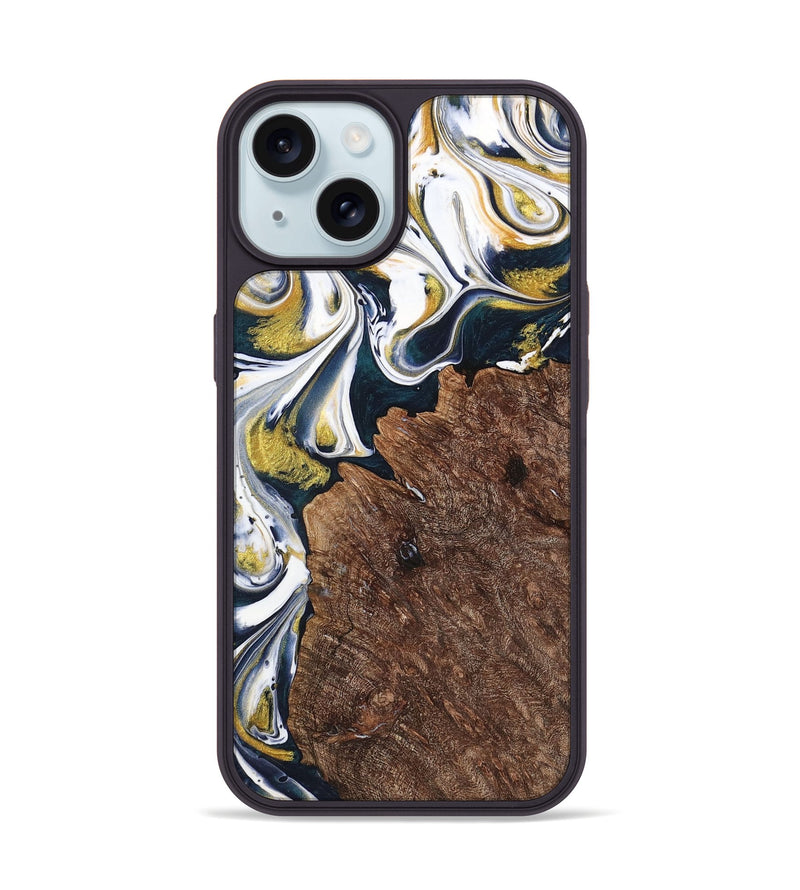 iPhone 15 Wood+Resin Phone Case - Ramona (Teal & Gold, 701376)