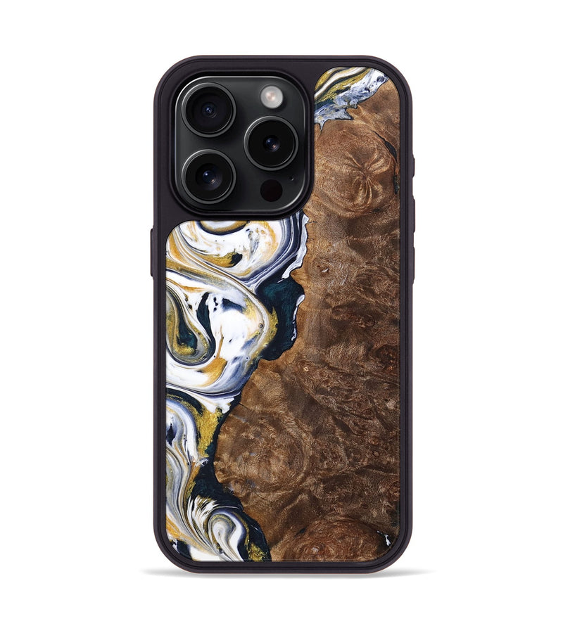 iPhone 15 Pro Wood+Resin Phone Case - Trisha (Teal & Gold, 701381)