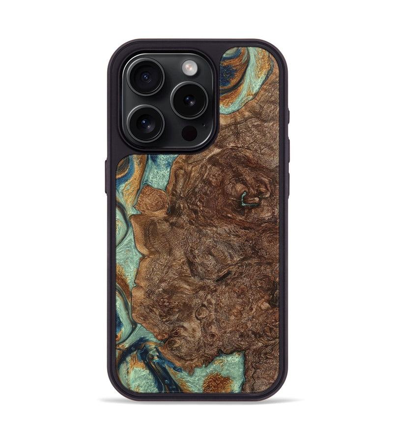 iPhone 15 Pro Wood+Resin Phone Case - Gwen (Teal & Gold, 701413)