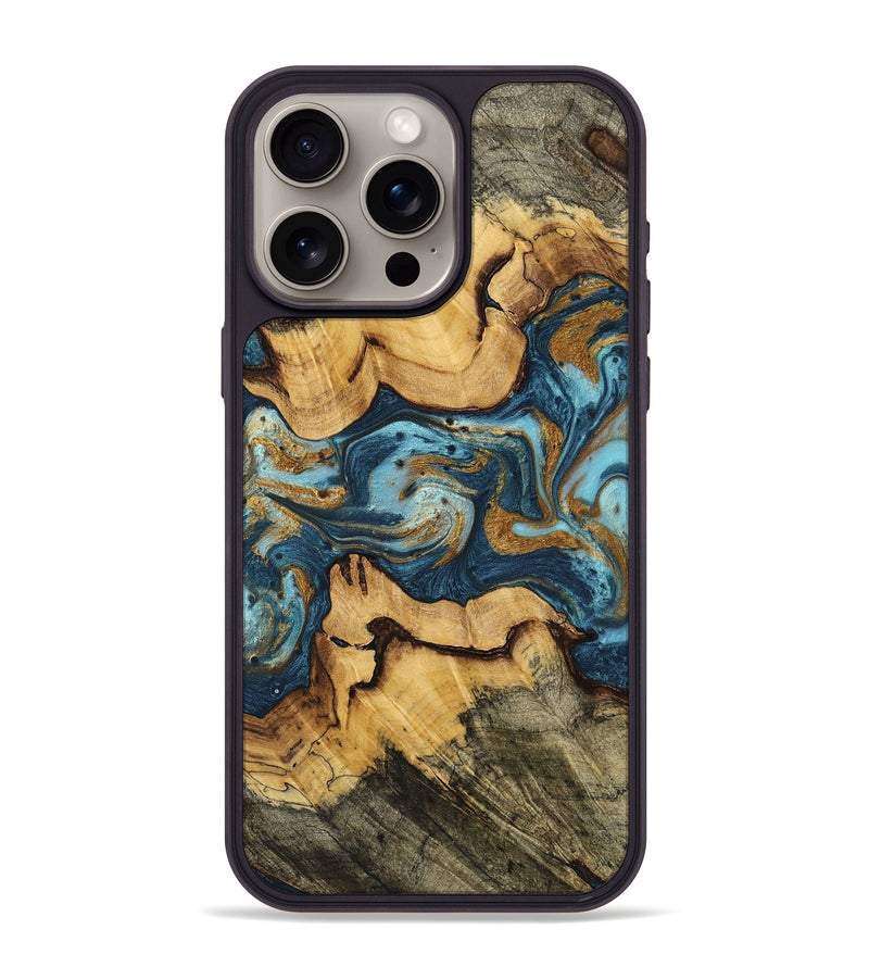iPhone 15 Pro Max Wood+Resin Phone Case - Olivia (Teal & Gold, 702166)
