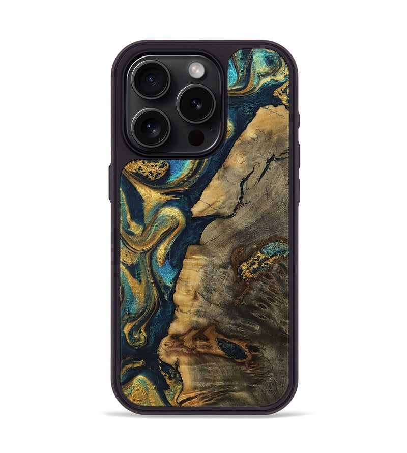 iPhone 15 Pro Wood+Resin Phone Case - Nia (Teal & Gold, 702167)