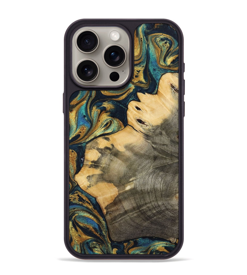 iPhone 15 Pro Max Wood+Resin Phone Case - Christi (Teal & Gold, 702169)