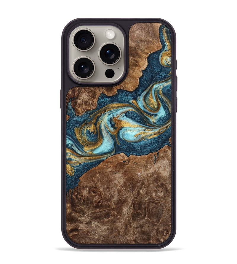 iPhone 15 Pro Max Wood+Resin Phone Case - Otto (Teal & Gold, 702170)