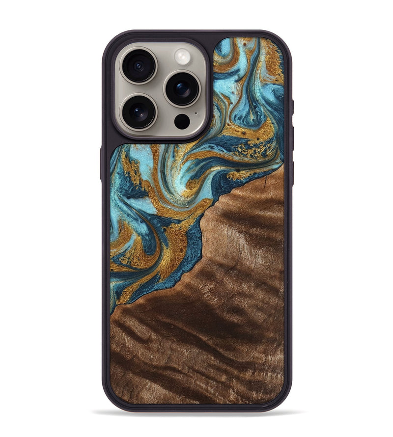 iPhone 15 Pro Max Wood+Resin Phone Case - Hugo (Teal & Gold, 702172)