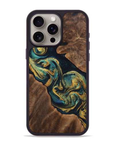 iPhone 15 Pro Max Wood+Resin Phone Case - Paige (Teal & Gold, 702183)