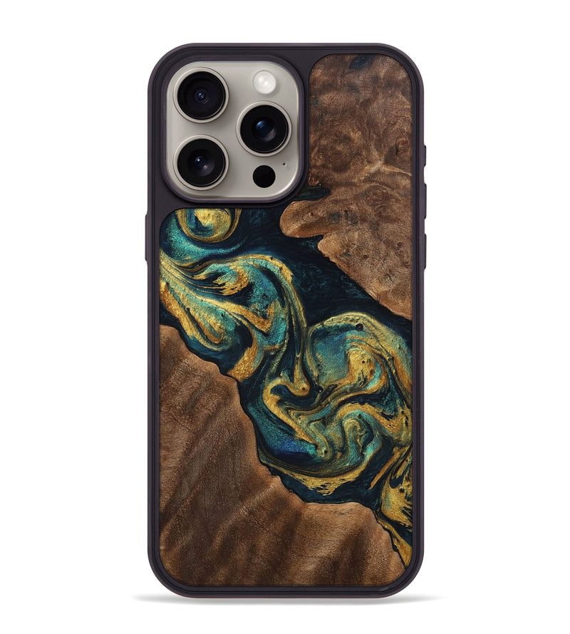 iPhone 15 Pro Max Wood+Resin Phone Case - Paige (Teal & Gold, 702183)