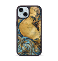 iPhone 15 Wood+Resin Phone Case - Quentin (Teal & Gold, 702184)