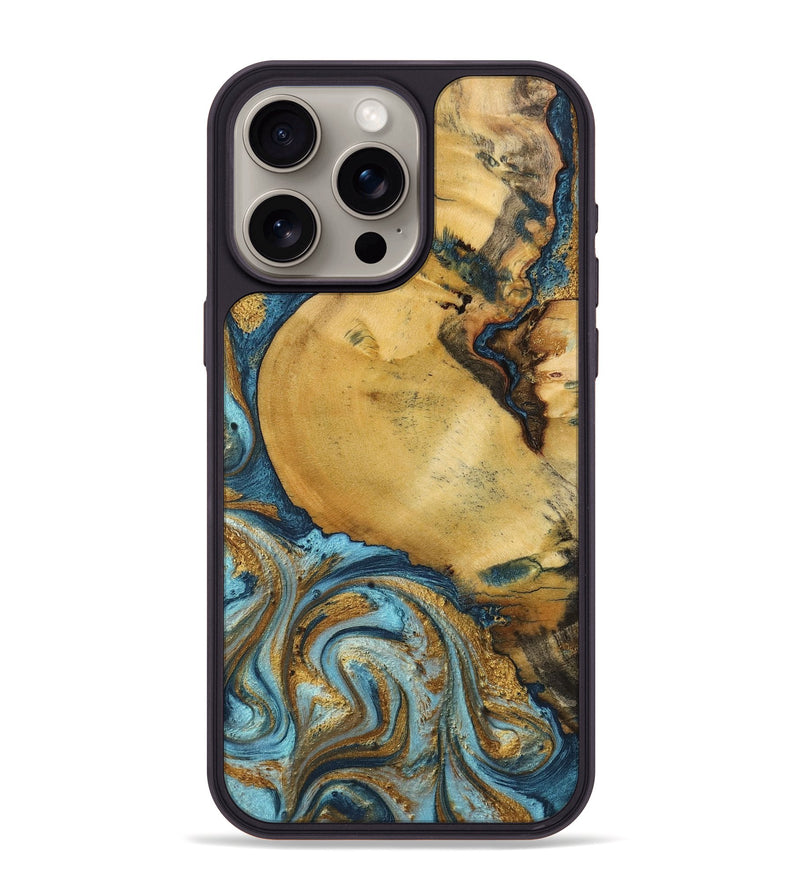 iPhone 15 Pro Max Wood+Resin Phone Case - Quentin (Teal & Gold, 702184)
