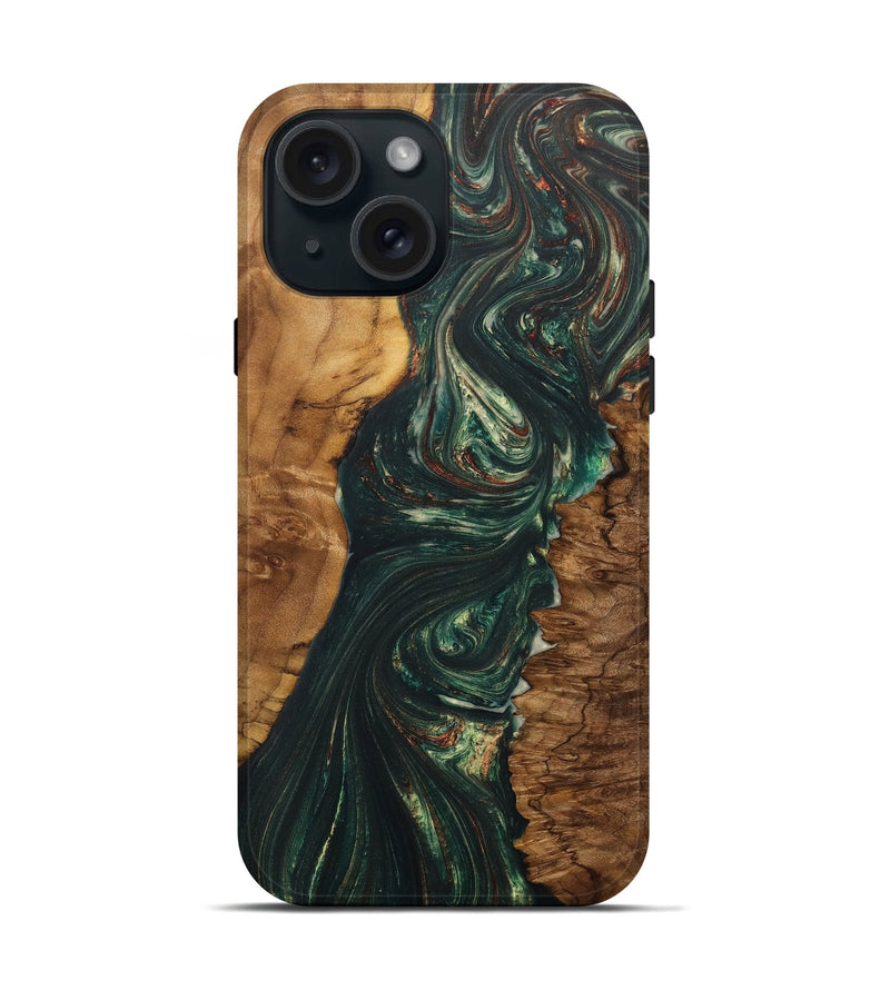 iPhone 15 Wood+Resin Live Edge Phone Case - Trevon (Green, 702243)