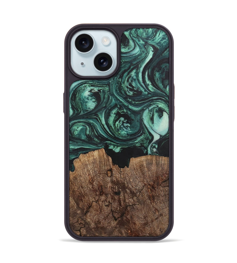 iPhone 15 Wood+Resin Phone Case - Emanuel (Green, 702287)