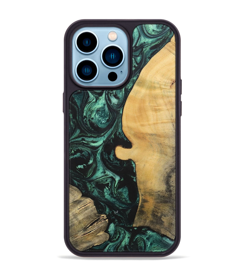 iPhone 14 Pro Max Wood+Resin Phone Case - Melody (Green, 702304)