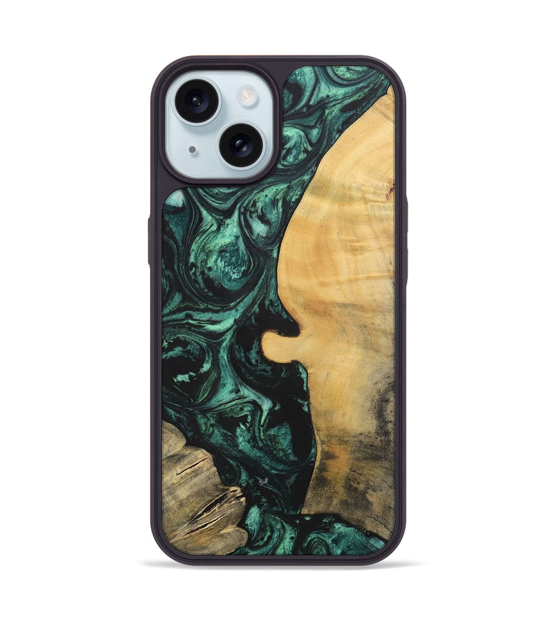 iPhone 15 Wood+Resin Phone Case - Melody (Green, 702304)
