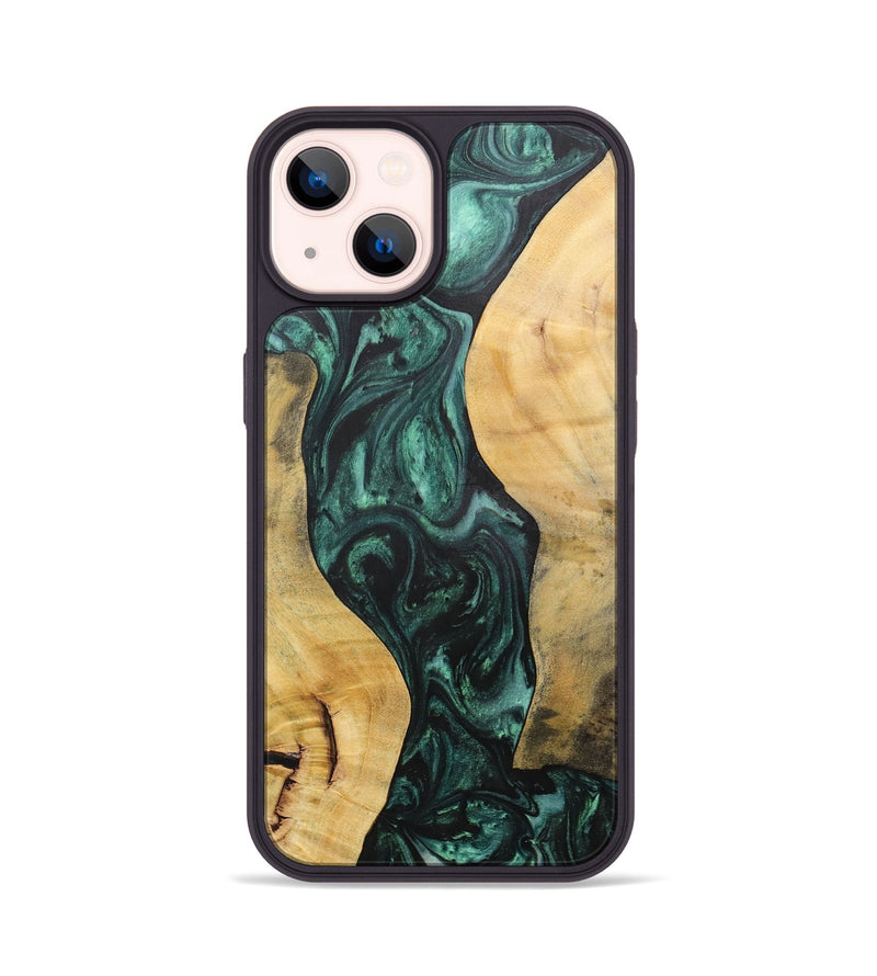 iPhone 14 Wood+Resin Phone Case - Deloris (Green, 702327)