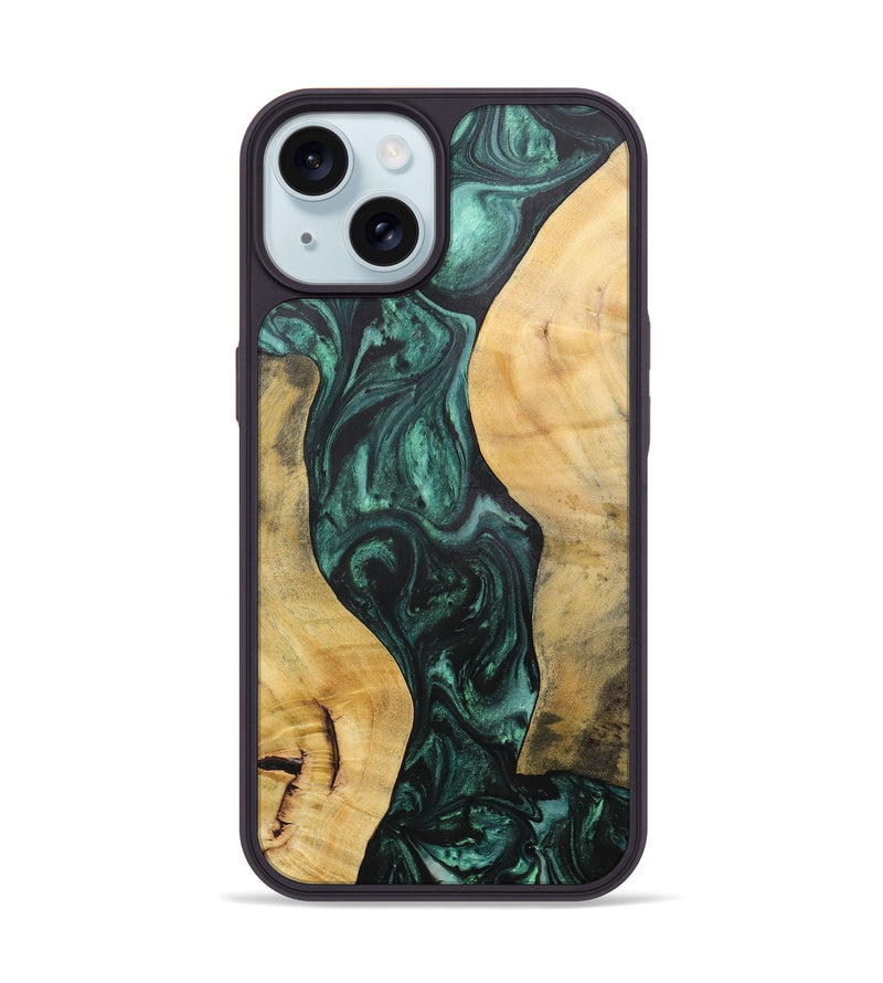 iPhone 15 Wood+Resin Phone Case - Deloris (Green, 702327)
