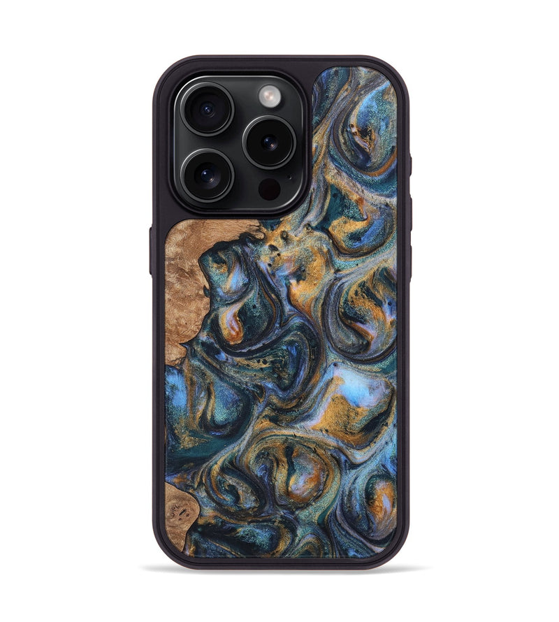 iPhone 15 Pro Wood+Resin Phone Case - Adrianna (Teal & Gold, 702514)