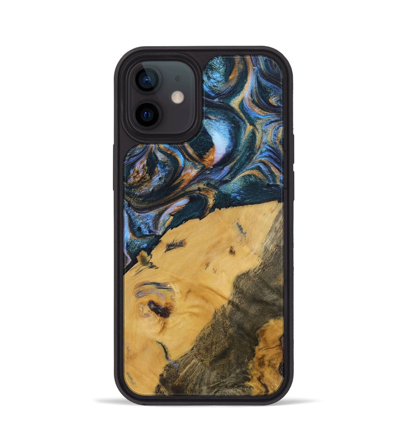 iPhone 12 Wood+Resin Phone Case - Damien (Teal & Gold, 702515)