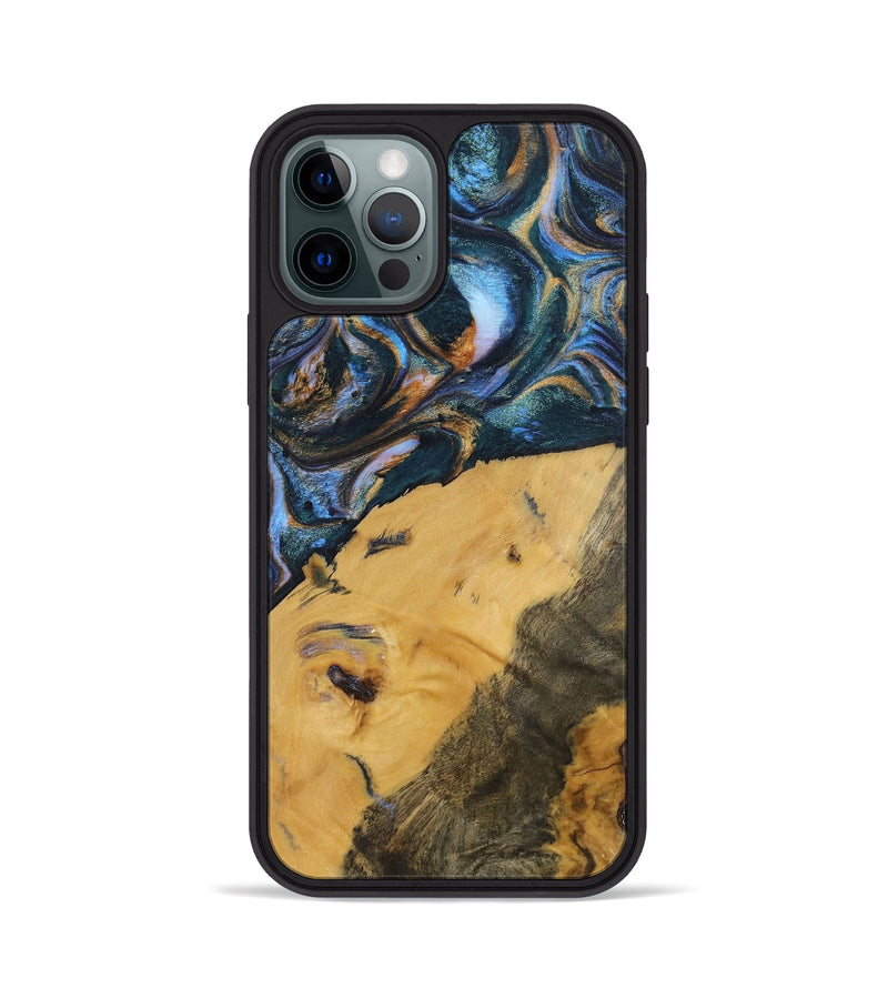 iPhone 12 Pro Wood+Resin Phone Case - Damien (Teal & Gold, 702515)