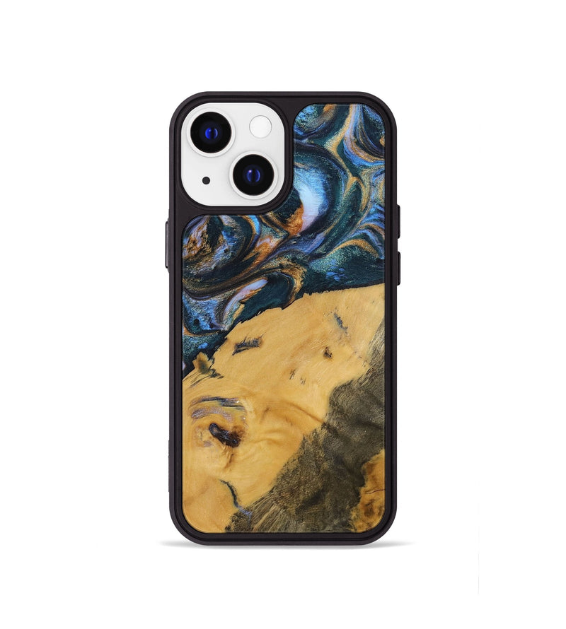 iPhone 13 mini Wood+Resin Phone Case - Damien (Teal & Gold, 702515)