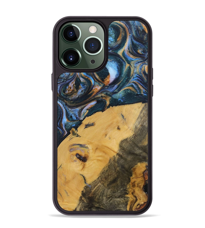 iPhone 13 Pro Max Wood+Resin Phone Case - Damien (Teal & Gold, 702515)