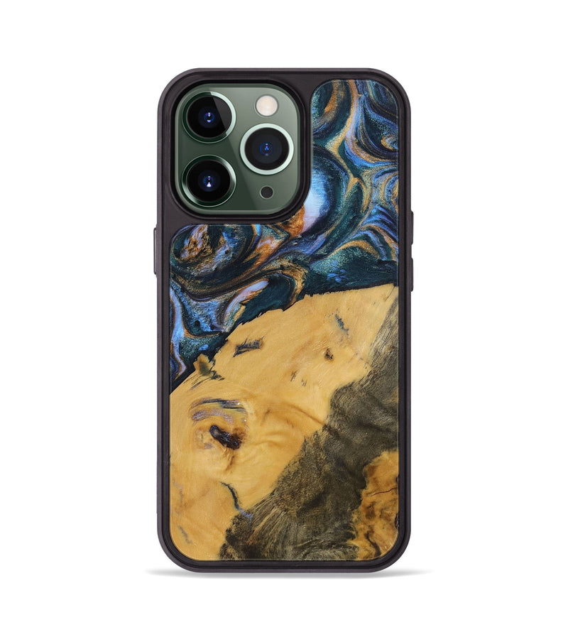iPhone 13 Pro Wood+Resin Phone Case - Damien (Teal & Gold, 702515)
