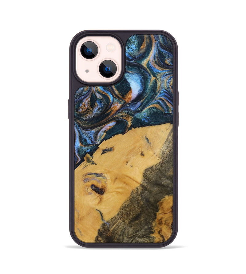 iPhone 14 Wood+Resin Phone Case - Damien (Teal & Gold, 702515)