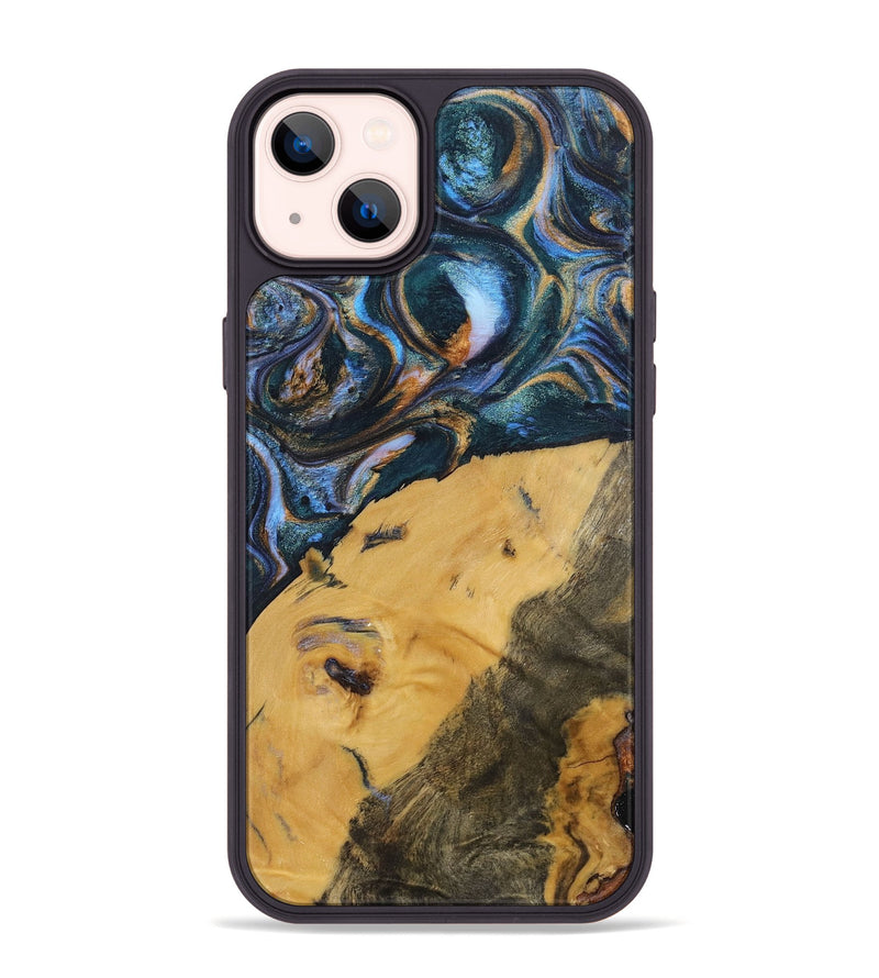 iPhone 14 Plus Wood+Resin Phone Case - Damien (Teal & Gold, 702515)